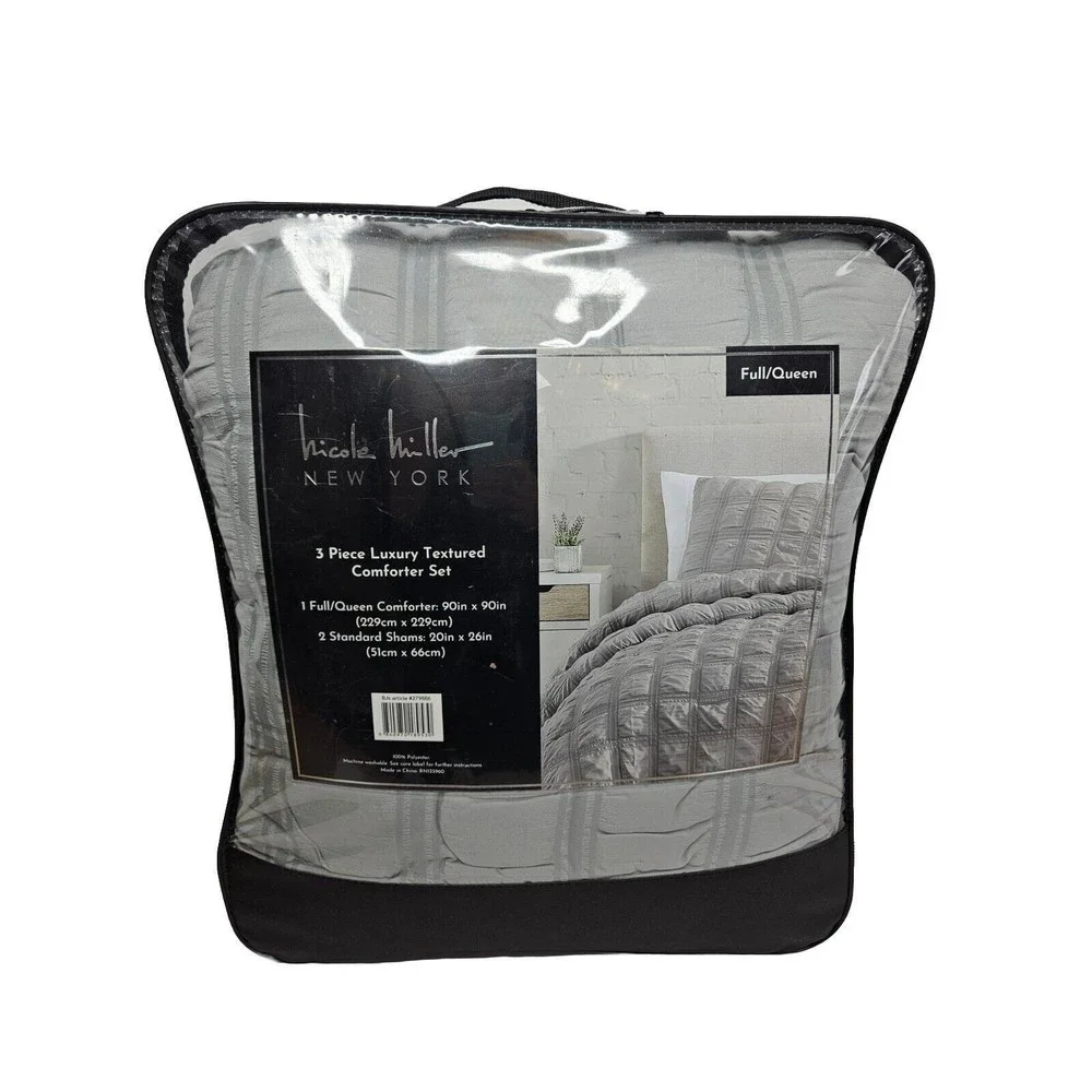 Nicole Miller Grey Full/Queen 3 Piece Luxury Textured Comforter Set, New